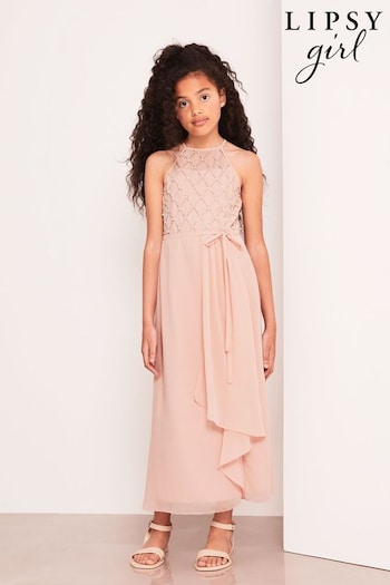 Lipsy Pink Strap Maxi Pearl Occasion Dress (7-16yrs) (K61923) | £52 - £60