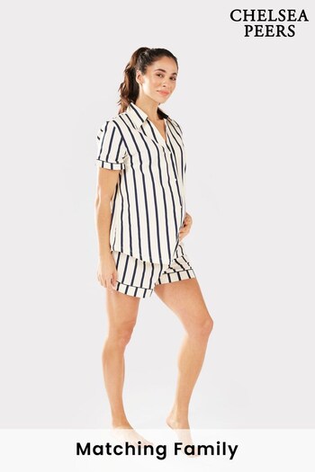 Chelsea Peers Navy Blue Stripe Maternity Organic Cotton Button Up Short Pyjama Set (K61941) | £35