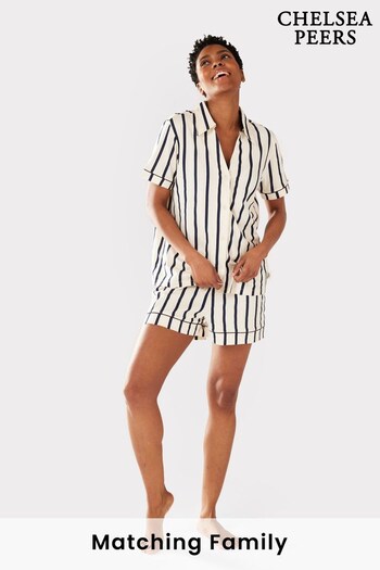 Chelsea Peers Navy Blue Stripe Organic Cotton Button Up Short Pyjama Set (K61943) | £35