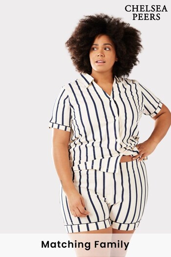 Chelsea Peers Navy Blue Stripe Curve Organic Cotton Button Up Short Pyjama Set (K61945) | £35