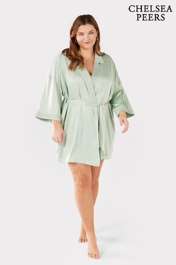 Chelsea Peers Sage Green Curve Satin Lace Trim Dressing Gown (K61963) | £45