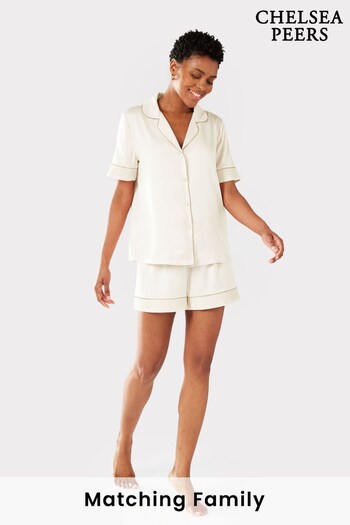 Chelsea Peers Ivory Satin Lace Trim Button Up Short Pyjama Set (K61981) | £42