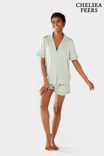 Chelsea Peers Sage Green Satin Lace Trim Button Up Short Pyjama Set (K61982) | £42