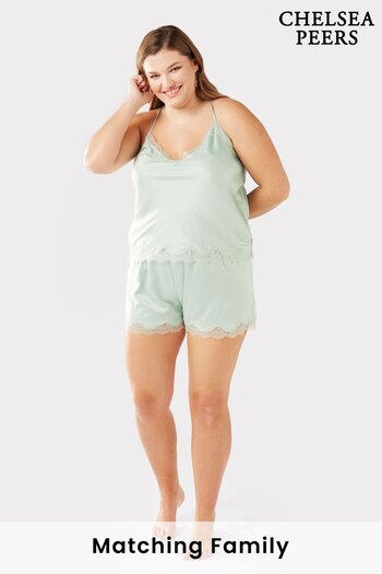 Chelsea Peers Sage Green Curve Satin Lace Trim Cami Short Pyjama Set (K62005) | £35