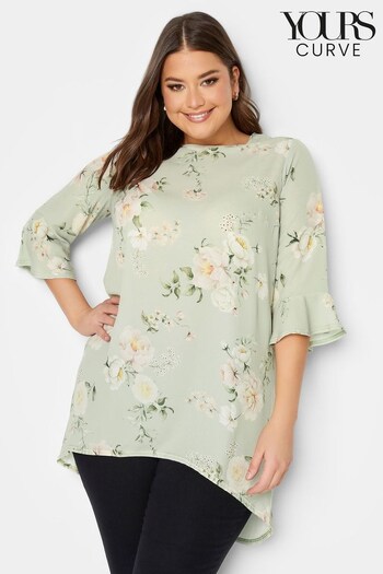Yours Curve Green London Floral Flute Sleeve Tunic (K62114) | £30