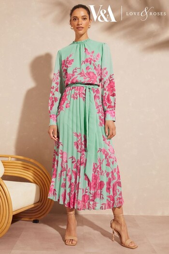 V&A | Love & Roses Blue and Pink Floral Print Ruffle Neck Pleated Long Sleeve Midi Dress (K62141) | £75