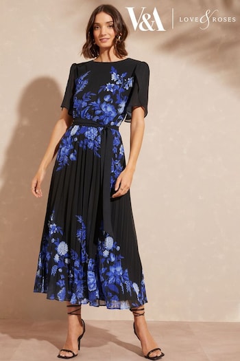V&A | Explore Fit & Measure Guide Black Floral Placement Printed Tulip Sleeve Belted Pleated Midi Dress (K62143) | £74