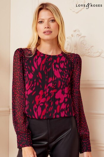 Love & Roses Red and Black Animal Lace Trim Pintuck Long Sleeve Blouse (K62236) | £39