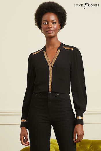 Love & Roses Black and Gold Sequin V Neck Long Sleeve Blouse (K62238) | £38