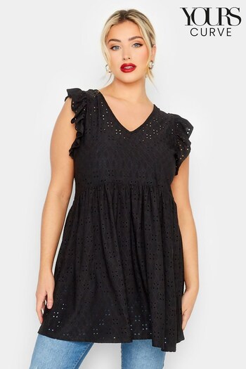 Yours Curve Black Limited Anglaise Frill Top (K62311) | £24