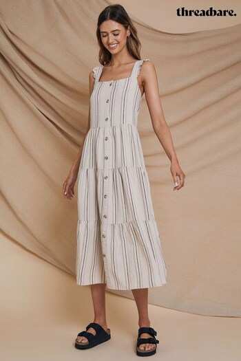 Threadbare Natural Stripe Linen Blend Tiered Midi Dress (K62354) | £19