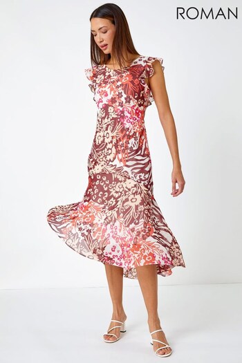 Roman Pink & White Floral Print Frill Detail Midi Dress (K62395) | £55