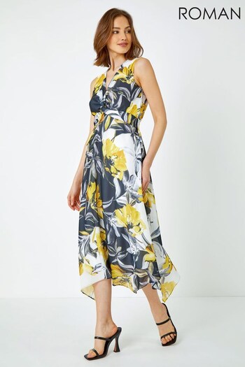Roman Yellow Black & White Floral Print Twist Front Midi Dress (K62396) | £55
