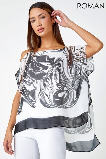 Roman Black & White Swirl Print Cold Shoulder Overlay Top (K62399) | £35