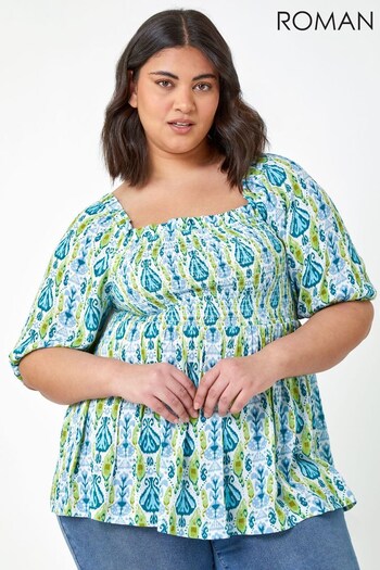 Roman Green & Blue Curve Abstract Shirred Stretch Top (K62403) | £32