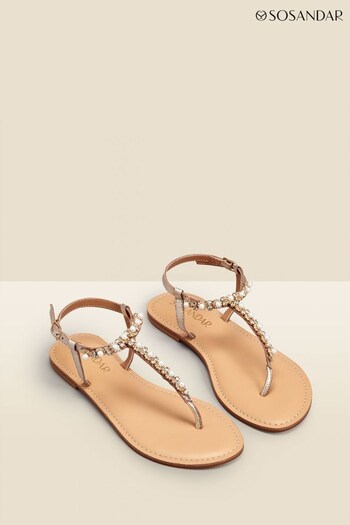 Sosandar Gold Rhinestone Trim Toe Post Leather Flat Sandals (K62459) | £45