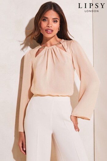 Lipsy Ivory Long Sleeved Cut Out Chain Detail Top (K62603) | £36