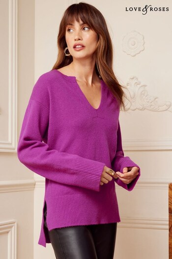 Love & Roses Dahlia Magenta Pink V Neck Long Sleeve Knitted Jumper (K62668) | £38