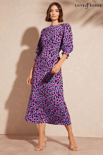 Love & Roses Purple Animal Petite Empire Bust Round Neck Puff Sleeve Midi Summer Dress (K62669) | £49