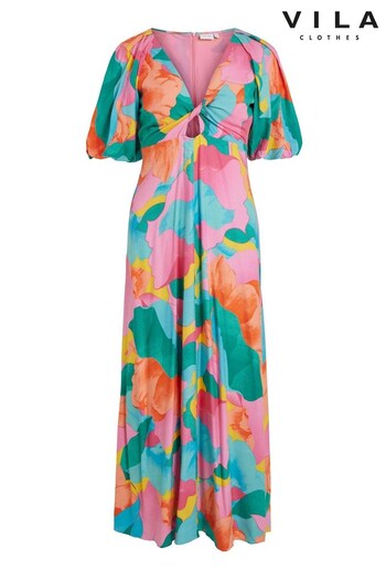 VILA Pink Blue and Orange Printed Maxi Dress with Knot Front Detail (K62728) | £54