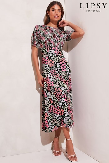 Lipsy Black Ditsy Jersey Puff Short Sleeve Underbust Summer Midi Dress (K62729) | £46