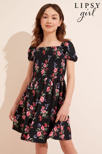 Lipsy Black Floral Puff Sleeve Square Neck Dress (K62739) | £20 - £28