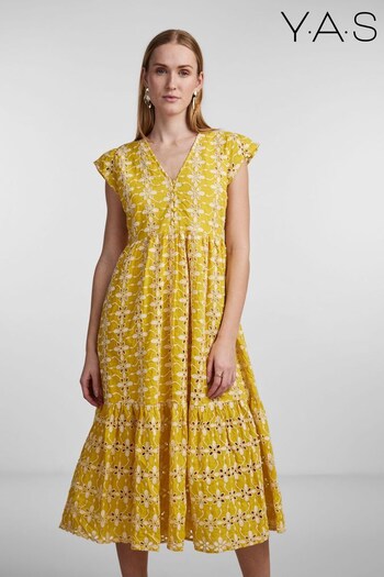 Y.A.S Yellow Broderie V Neck Tiered Midi Dress (K62740) | £95