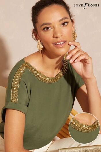 Love & Roses Green Embellished Roll Sleeve Round Neck T-Shirt (K62744) | £34