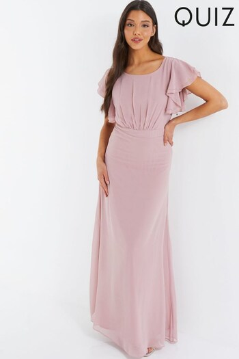Quiz Light Pink Chiffon Round Neck Frill Sleeve Maxi Dress (K62921) | £65