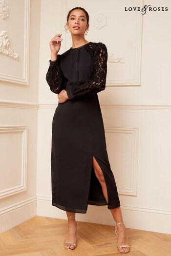 Love & Roses Black Lace Sleeve Round Neck Tie Back Midi Dress (K63034) | £56