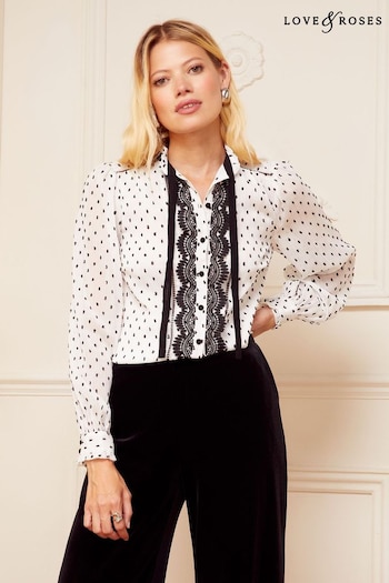 Love & Roses Ivory White and Black Petite Tie Neck Trim Long Sleeve Blouse (K63055) | £39
