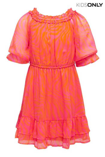 ONLY KIDS Orange and Pink Zebra Printed Occasion Dress (K63057) | £22