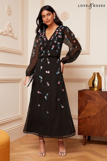 Love & Roses Black Embellished V Neck Sheer Long Sleeve Midi Dress (K63062) | £135