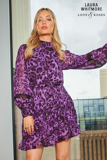 Love & Roses Purple Animal Printed High Neck Lace Trim Belted Skater Dress (K63066) | £56