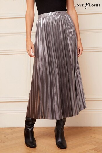 Love & Roses Silver Pleated Midi Skirt (K63073) | £38
