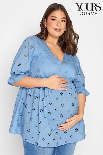 Yours Curve Blue Maternity Broiderie V-Neck Blouse (K63105) | £29