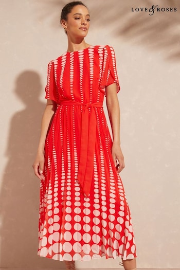 Love & Roses Red Spot Petite Printed Tulip Sleeve Belted Pleated Midi Summer Dress (K63124) | £72
