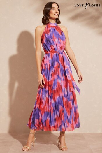 Sandals & Sliders Pink Floral Printed Halter Pleated Belted Midi Dress (K63125) | £70