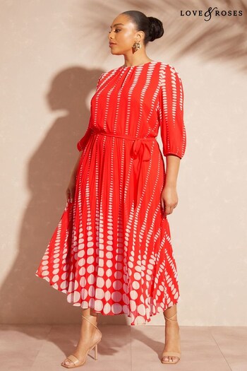 Hoodies & Sweatshirts Red Spot Curve 3/4 Sleeve Printed Pleated Belted Midi Dress (K63129) | £72