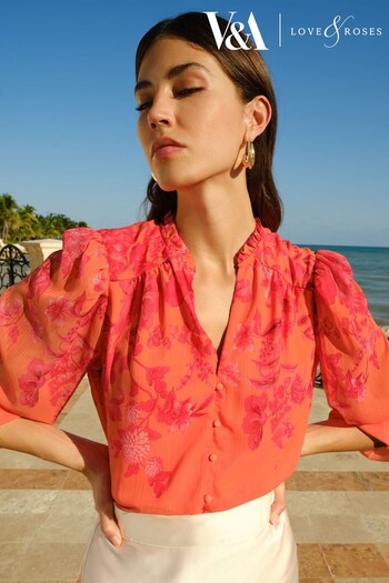 V&A | A-Z Sports Brands Orange Floral Petite Printed Sheer Puff Sleeve V Neck Long Sleeve Button Up Blouse (K63135) | £42