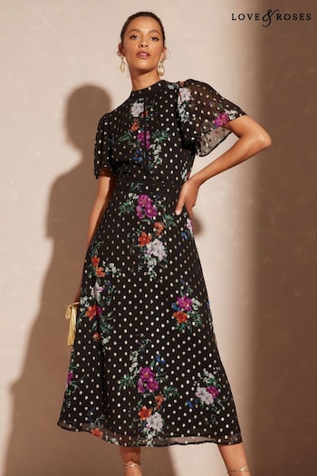 Love & Roses Black Floral Petite Metallic Printed High Neck Flutter Sleeve Midi Dress (K63140) | £65