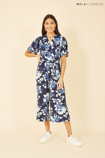 Mela Navy Blue Rose Print Jumpsuit With Angel Sleeves (K63174) | £42