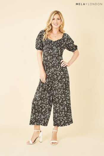 Mela Black Multi Daisy Print Sweetheart Neckline Jumpsuit (K63176) | £42