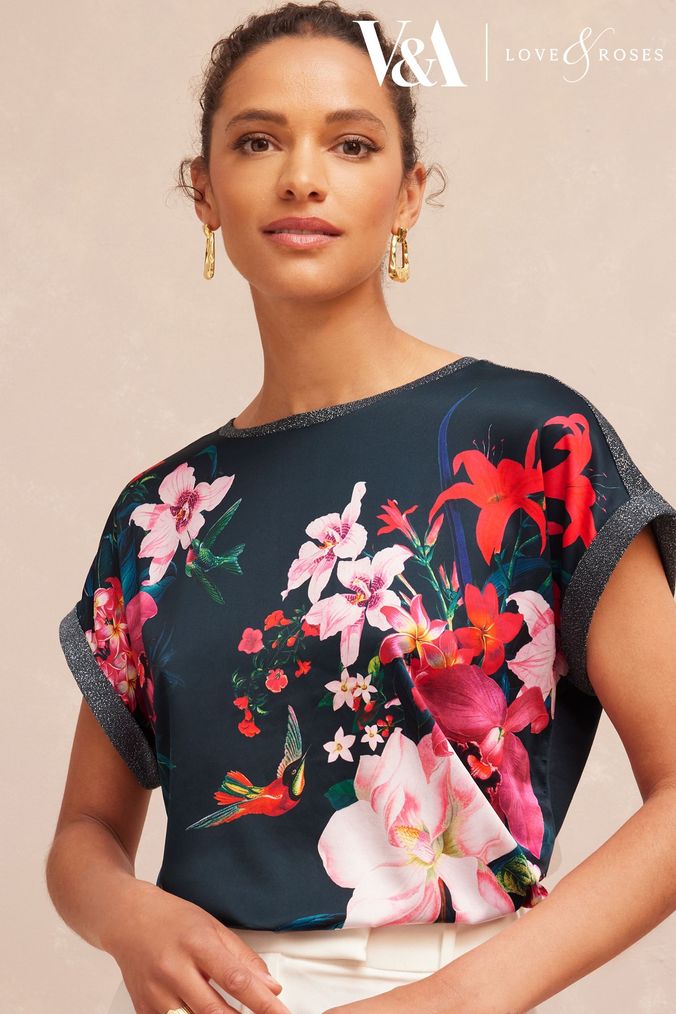 V&A | Love & Roses Teal Woven Jersey Mix Round Neck Printed T-Shirt (K63217) | £29