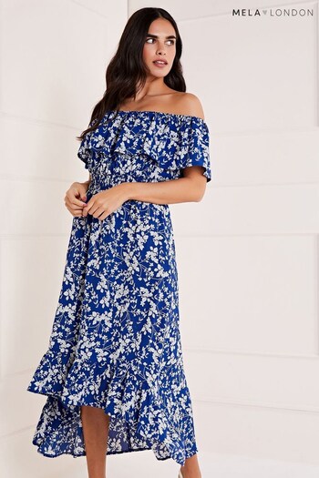 Mela Blue Floral Print Bardot Dipped Hem Dress (K63233) | £40
