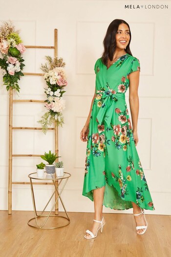 Mela Green Multi Floral Wrap Over Dipped Hem Midi Dress (K63236) | £45