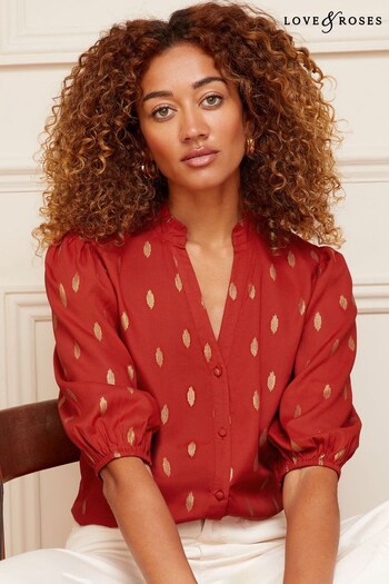 T-Shirts, Polos & Vests Red Foil Frill Ruffle V Neck 3/4 Sleeve Button Up Blouse (K63254) | £32