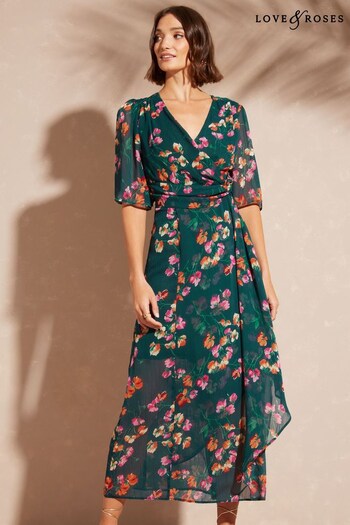 Love & Roses Green Printed Twist Side Short Sleeve Midi Dress (K63268) | £62