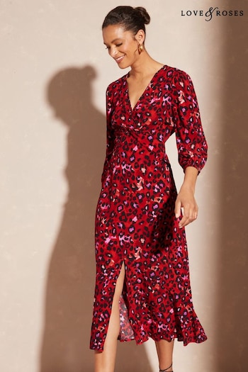 Love & Roses Red Animal V Neck Twist Front Long Sleeve Midi Dress (K63273) | £54