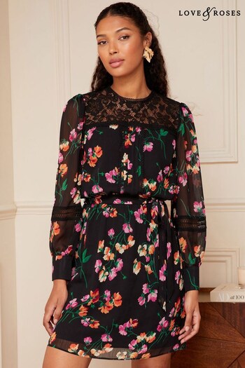 Bleu Carol Tee-shirts Black Floral Printed Long Sleeve Lace Yoke Belted Mini Dress (K63279) | £56